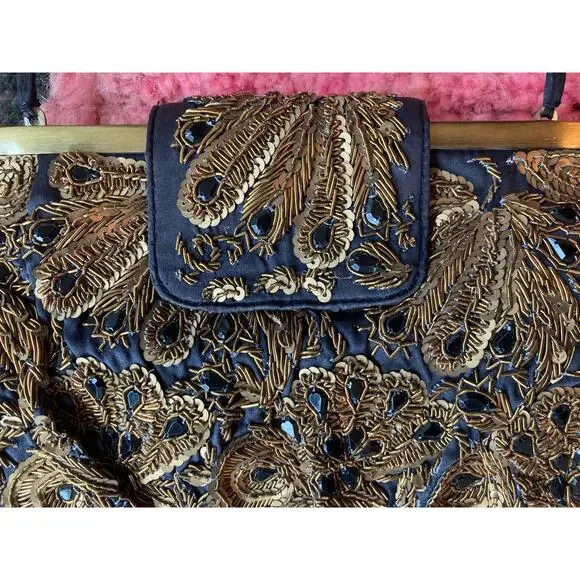Santi Beaded Clutch Evening Bag Satin + Ornate Gold & Black Beading ~ Lovely - Picture 6 of 9